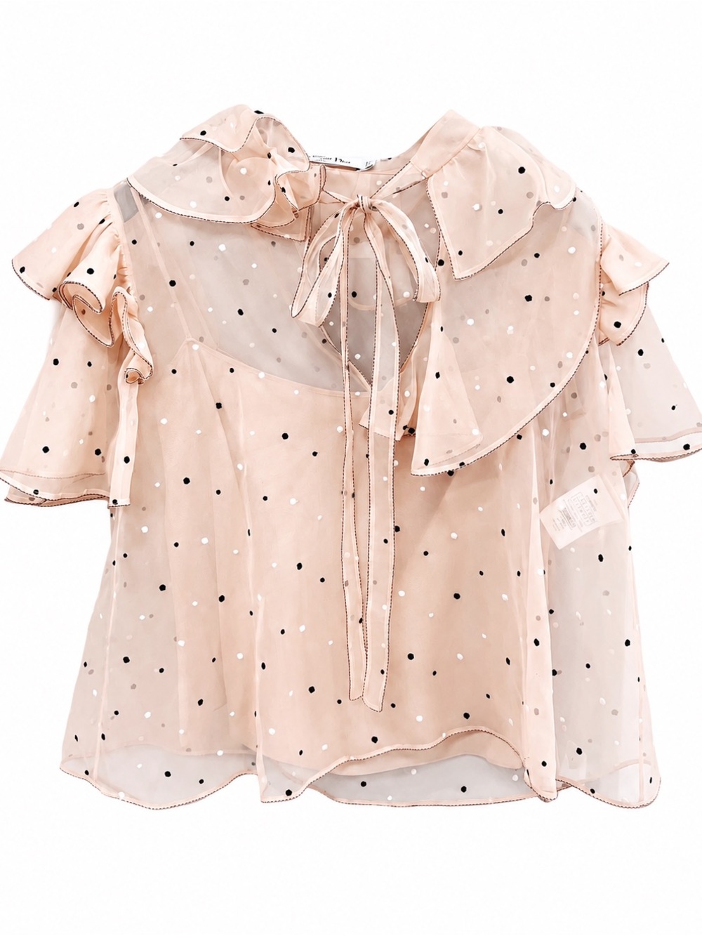 Dior Blush Pink Polka Dot Tie-Neck Chiffon Blouse
